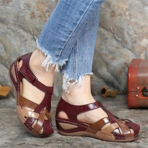DOIX Women's Sandals High Wedge Heel Platform Hook and Loop Sandal Ladies Faux Leather Walking Sandals Summer Comfortable Non-Slip Closed Toe Retro Hollow Beach Shoes,Red,US8/EU39 in Saudi Arabia