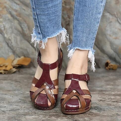 DOIX Women's Sandals High Wedge Heel Platform Hook and Loop Sandal Ladies Faux Leather Walking Sandals Summer Comfortable Non-Slip Closed Toe Retro Hollow Beach Shoes,Red,US8/EU39 in Saudi Arabia