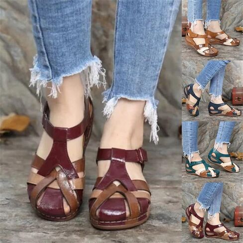 DOIX Women's Sandals High Wedge Heel Platform Hook and Loop Sandal Ladies Faux Leather Walking Sandals Summer Comfortable Non-Slip Closed Toe Retro Hollow Beach Shoes,Red,US8/EU39 in Saudi Arabia