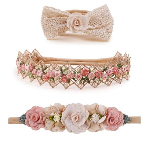Baby Girl Flower Headbands and Bows, Stretchy Soft Nylon Floral Crown, 3pcs Handmade Hair Accessories for Newborn Infant Toddler in Kuwait