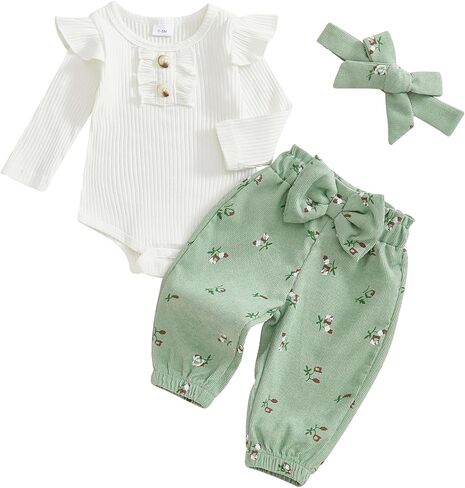 ​Newborn 3 6 9 12 Baby Girl Outfit Infant Girl Spring Clothes Ribbed Romper Onesie Floral Corduroy Pants Fall Outfit in Saudi Arabia