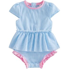 Infant Girl Seersucker Striped Romper Swimsuit Summer Cap Sleeve Ruffle Bodysuit Newborn Baby Coming Home Outfit in Saudi Arabia