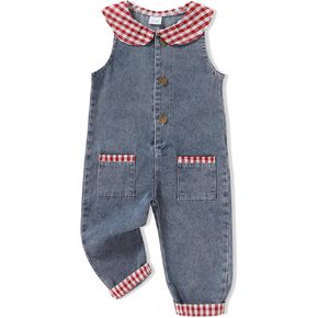 Happy Town Baby Girls' Denim Romper Sleeveless Jeans Jumpsuit with Contrast Trim Pockets for 6M-3T in Saudi Arabia