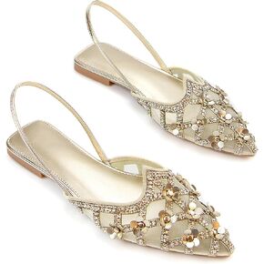 Embellished Pointed Toe Slingback Flats for Women, Gold Sequin and Crystal Mesh Detail, Champagne Gold in Saudi Arabia