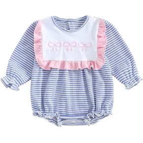 Newborn Baby Girl Fall Outfit Bow Embroidery Ruffle Bubble Romper Stripe Long Sleeve Bodysuit Jumpsuit Winter Clothes in Kuwait