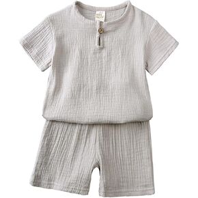 Baby Boys Summer Outfits 2 Piece Linen Cotton Short Sleeve Shirt and Elastic Waist Shorts Set Solid Color in Kuwait