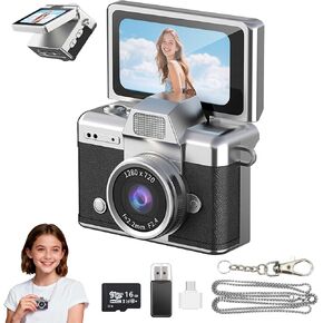 Mini Keychain Camera, 1.47" IPS Flip Screen Retro Digital Camera Pocket-Sized with Adapter and 16GB Card 6 Retro Filters Video Recorder with Long Battery Life for Travel, Party and Vlog (Black) in Saudi Arabia