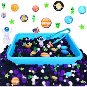 Solar System Sensory Bin for Toddlers, Science Themed with 8 Planets & Star Map, No-Mess Soft Pom Poms for Preschool Learning, Gifts for Boys Girls Age 3 4 5 6+ in Saudi Arabia