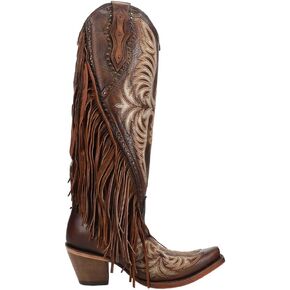 Corral Boots Womens Eagle Embroidered Studded Fringe Tall Snip Toe Casual Boots Over the Knee Mid Heel 2-3" - Brown in Kuwait