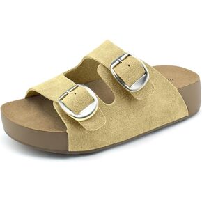 Women's Platform Sandals Genuine Suede Double Buckle Sandals with Arch Support Comfortable Slip On Slide Sandals for Women Rubber Sole Casual Summer Shoes in Saudi Arabia