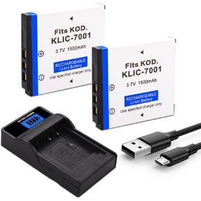 2 حزمة بطارية KLIC-7001 مع شاحن سريع نحيف متوافق مع Kodak EasyShare V550، V570، V610، V705، V750، M320، M340، M341، M753 Zoom، M763، M853 Zoom، M863، M893 is، M1063 كاميرات رقمية 1500 مللي أمبير في الساعة in Kuwait