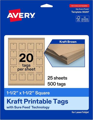علامات مربعة قابلة للطباعة Avery مع تقنية التغذية المؤكدة ، 1-1/2 "× 1-1/2" ، Kraft Brown Cardstock ، طباعة إلى الحافة ، الليزر/الحبر ، 500 إجمالي ، رائعة لعلامات الهدايا المخصصة وعلامات العلامات التجارية in Kuwait