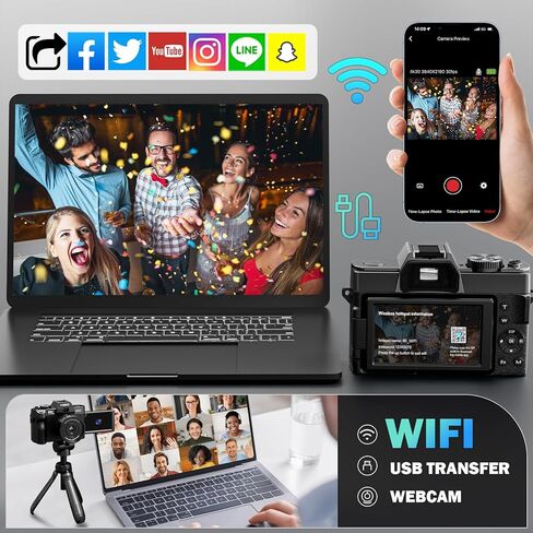 كاميرات رقمية حقيقية 8K للتصوير الفوتوغرافي بدقة 64 ميجابكسل - واي فاي، عدسة واسعة الزاوية وماكرو، تركيز تلقائي للتكبير 16X، شاشة قلاب 3 بوصات 180 درجة، بطاقة 64 جيجابايت، كاميرا تسجيل فيديو للسفر على YouTube (أسود) in Kuwait