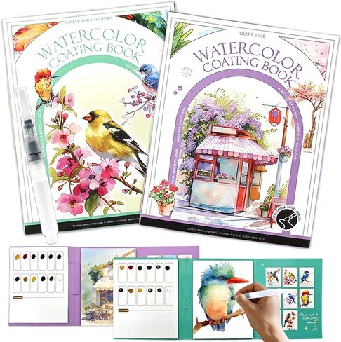 NaTuGi 2Pac Watercolor Workbook for Adults,Watercolor Coloring Book,Portable Watercolor Painting Books,Creative Stress Relief Kit,Suitable for Beginners Birthday Gift(Birds and Time) in Saudi Arabia