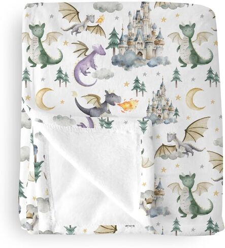 Baby Boy Girl Blankets Dragon Tale Castle, Watercolor Green Moon Clouds Stars Tree Soft Lightweight Nursery Receiving Swaddle, Flannel Newborn Infant Toddler Crib Bedding Kids Gift 30 x 40 in Kuwait
