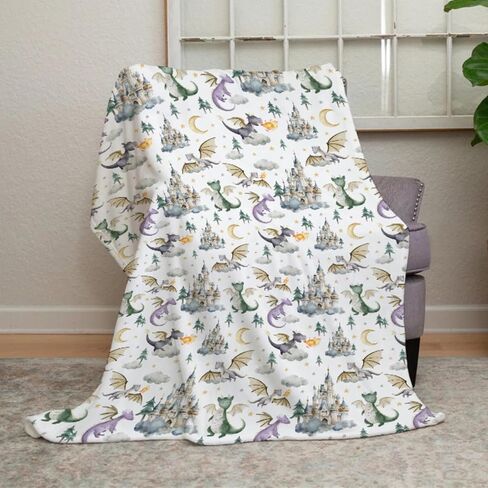 Baby Boy Girl Blankets Dragon Tale Castle, Watercolor Green Moon Clouds Stars Tree Soft Lightweight Nursery Receiving Swaddle, Flannel Newborn Infant Toddler Crib Bedding Kids Gift 30 x 40 in Kuwait