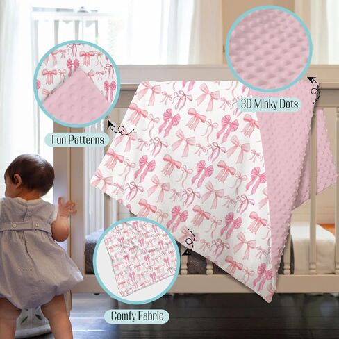 Mink Baby Girls Blankets Watercolor Pink Bows, Cute Ribbon Bowknot Soft Double Layer Dotted Backing Receiving Swaddle, Newborn Infant Toddler Nursery Crib Bedding Shower Gift 30 in Kuwait