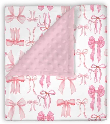 Mink Baby Girls Blankets Watercolor Pink Bows, Cute Ribbon Bowknot Soft Double Layer Dotted Backing Receiving Swaddle, Newborn Infant Toddler Nursery Crib Bedding Shower Gift 30 in Saudi Arabia