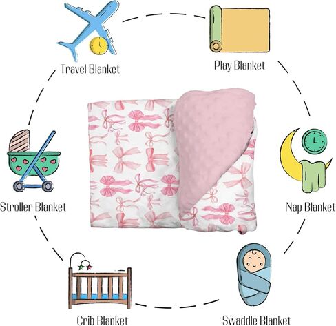 Mink Baby Girls Blankets Watercolor Pink Bows, Cute Ribbon Bowknot Soft Double Layer Dotted Backing Receiving Swaddle, Newborn Infant Toddler Nursery Crib Bedding Shower Gift 30 in Saudi Arabia