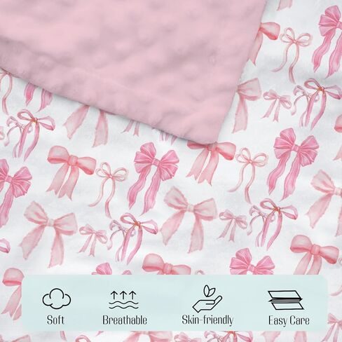 Mink Baby Girls Blankets Watercolor Pink Bows, Cute Ribbon Bowknot Soft Double Layer Dotted Backing Receiving Swaddle, Newborn Infant Toddler Nursery Crib Bedding Shower Gift 30 in Saudi Arabia