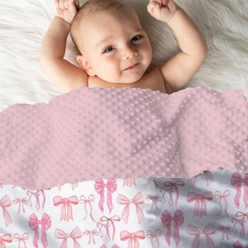 Mink Baby Girls Blankets Watercolor Pink Bows, Cute Ribbon Bowknot Soft Double Layer Dotted Backing Receiving Swaddle, Newborn Infant Toddler Nursery Crib Bedding Shower Gift 30 in Saudi Arabia