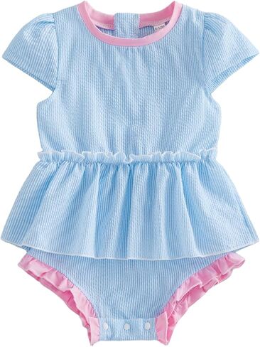 Infant Girl Seersucker Striped Romper Swimsuit Summer Cap Sleeve Ruffle Bodysuit Newborn Baby Coming Home Outfit in Saudi Arabia