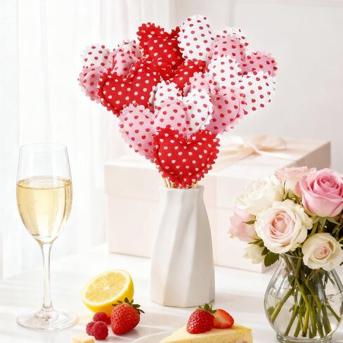 12 Pcs Valentine's Day Heart Picks Fabric & Felt Valentines Picks Galentines Heart Flower Stick Artificial Floral Bouquet Decoration for Vase Filler Wedding Arrangement DIY Craft(Classic) in Saudi Arabia