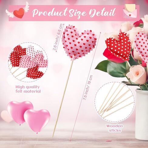 12 Pcs Valentine's Day Heart Picks Fabric & Felt Valentines Picks Galentines Heart Flower Stick Artificial Floral Bouquet Decoration for Vase Filler Wedding Arrangement DIY Craft(Classic) in Saudi Arabia