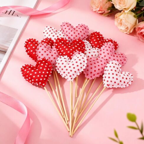 12 Pcs Valentine's Day Heart Picks Fabric & Felt Valentines Picks Galentines Heart Flower Stick Artificial Floral Bouquet Decoration for Vase Filler Wedding Arrangement DIY Craft(Classic) in Saudi Arabia