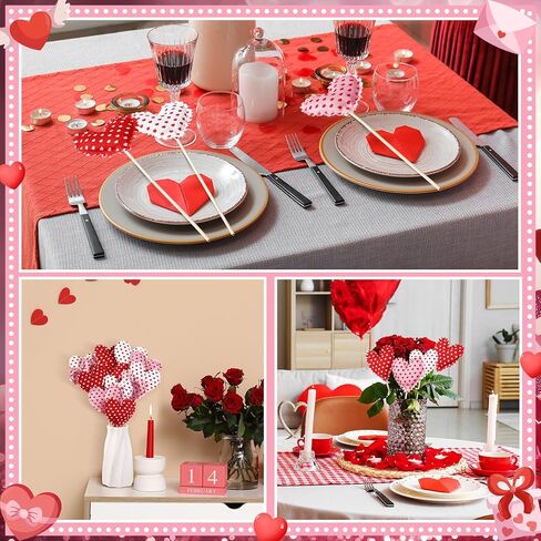 12 Pcs Valentine's Day Heart Picks Fabric & Felt Valentines Picks Galentines Heart Flower Stick Artificial Floral Bouquet Decoration for Vase Filler Wedding Arrangement DIY Craft(Classic) in Saudi Arabia