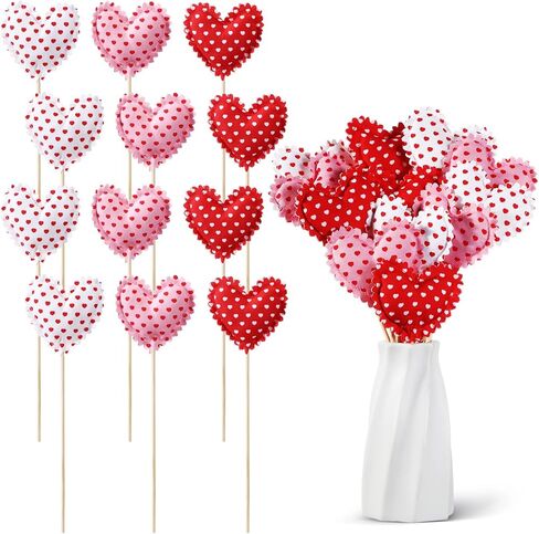 12 Pcs Valentine's Day Heart Picks Fabric & Felt Valentines Picks Galentines Heart Flower Stick Artificial Floral Bouquet Decoration for Vase Filler Wedding Arrangement DIY Craft(Classic) in Saudi Arabia