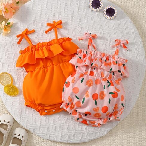 Baby Girl Bubble Romper 2 Pack Orange Fruit Print Strap Sunsuit Sleeveless Summer Infant Beach Clothes in Kuwait