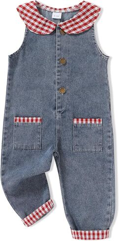Happy Town Baby Girls' Denim Romper Sleeveless Jeans Jumpsuit with Contrast Trim Pockets for 6M-3T in Kuwait