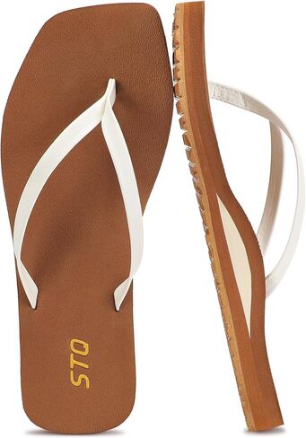 صنادل STQ Flip Flops النسائية ذات المقدمة المربعة ودعم القوس باللون البني المريح للصيف والشاطئ والأبيض والبني مقاس 7 in Kuwait