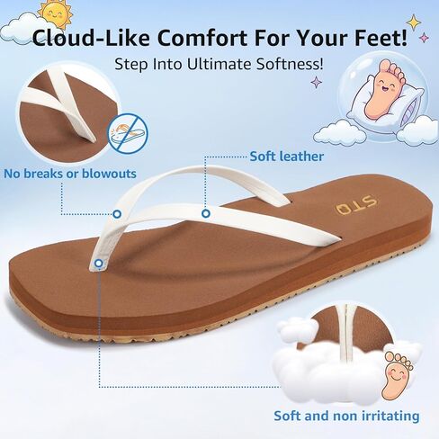 صنادل STQ Flip Flops النسائية ذات المقدمة المربعة ودعم القوس باللون البني المريح للصيف والشاطئ والأبيض والبني مقاس 7 in Kuwait