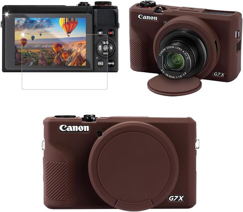 حافظة لكاميرا Canon G7X Mark III، حافظة واقية من السيليكون الناعم، حافظة نحيفة مع غطاء عدسة قابل للإزالة وقطعتين من ملحقات واقي الشاشة، خفيفة الوزن، مضادة للخدش (بني) in Kuwait