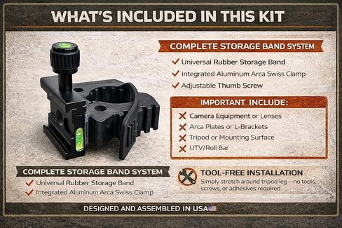 Universal Tripod Storage Band with Arca Swiss Clamp - Aluminum Quick Release Mount for Camera Plates Accessories - Fits Tripod Legs Roll Bars 1.25-2 Inch - Designed and Assembled in USA in Kuwait