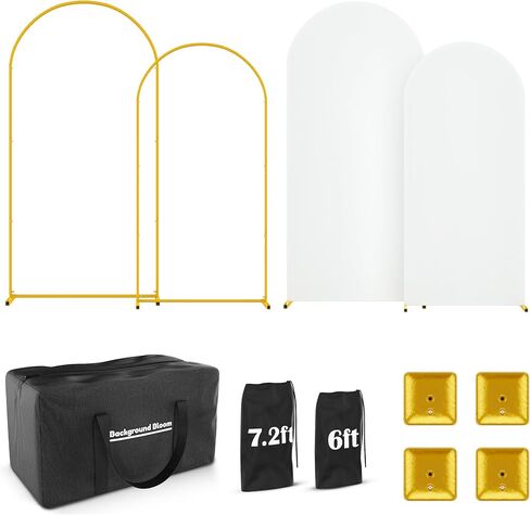 Metal Arch Backdrop Stand and Cover Set - 2 Gold Arches (7.2ft, 6ft) - Water Weights - 2 White Stretchy Spandex Covers, Bags & Case - Wedding, Birthday, Baby Shower, Party Decor in Kuwait