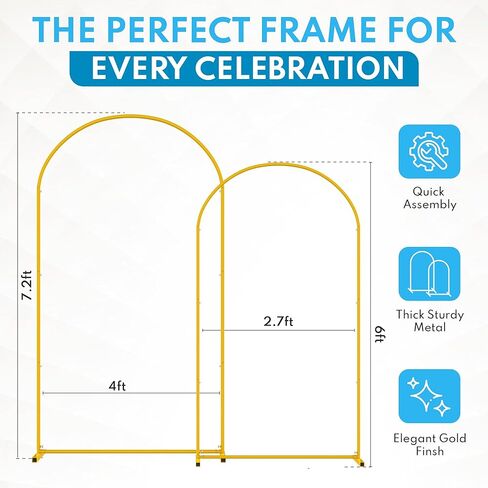 Metal Arch Backdrop Stand and Cover Set - 2 Gold Arches (7.2ft, 6ft) - Water Weights - 2 White Stretchy Spandex Covers, Bags & Case - Wedding, Birthday, Baby Shower, Party Decor in Kuwait