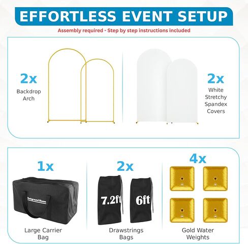 Metal Arch Backdrop Stand and Cover Set - 2 Gold Arches (7.2ft, 6ft) - Water Weights - 2 White Stretchy Spandex Covers, Bags & Case - Wedding, Birthday, Baby Shower, Party Decor in Kuwait