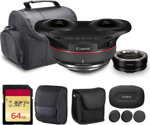 عدسة Canon RF 5.2mm f/2.8L Dual Fisheye 3D VR | عدسة VR مجسمة من سلسلة L مع بصريات مزدوجة وفتحة f/2.8 سريعة وتصميم حامل RF | للحصول على محتوى واقع افتراضي غامر وثلاثي الأبعاد (5554C002) + محول EF-EOS R + المزيد in Kuwait