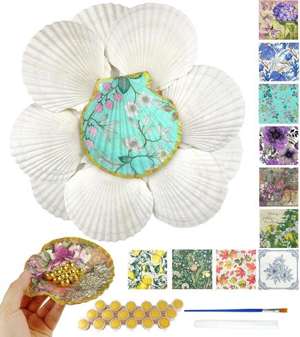 10PCS Large Scallop Shells for Crafts 4"-5" Natural White Shells with Rope,20PCS Decoupage Paper Napkins,Brushes,Gold & Silver Paint,Gold Bead & Pearl for Beach Seashells DIY Hanging Home Party Decor in Saudi Arabia