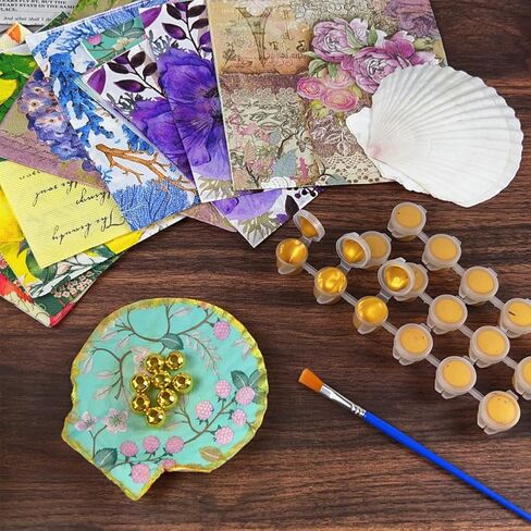 10PCS Large Scallop Shells for Crafts 4"-5" Natural White Shells with Rope,20PCS Decoupage Paper Napkins,Brushes,Gold & Silver Paint,Gold Bead & Pearl for Beach Seashells DIY Hanging Home Party Decor in Saudi Arabia