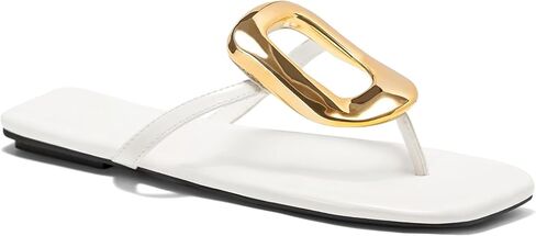 Womens Summer Square Toe Flip Flops Flat Sandals Slip On Shoes Slide Sandals with Fashion Gold Decoration Dressy in Kuwait