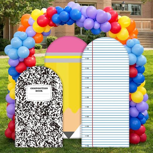 3 Pack Kindergarten Graduation Arch Backdrop Cover 6.7ft 6ft 5ft Notebook Paper Pencil Fitted Round Top Backdrop Stand Cover for First Day of School Kindergarten Birthday Party Ceremony Decor in Kuwait