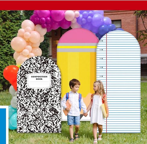 3 Pack Kindergarten Graduation Arch Backdrop Cover 6.7ft 6ft 5ft Notebook Paper Pencil Fitted Round Top Backdrop Stand Cover for First Day of School Kindergarten Birthday Party Ceremony Decor in Kuwait