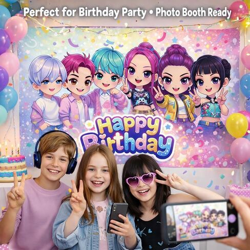 Demon Cute Hunter Birthday Party Backdrop Banner, 5.25 x 3.44 ft Vinyl Background for Kids & Teen Birthday, Cute Cartoon Idol Theme Photo Booth Decoration in Kuwait