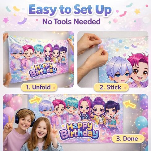 Demon Cute Hunter Birthday Party Backdrop Banner, 5.25 x 3.44 ft Vinyl Background for Kids & Teen Birthday, Cute Cartoon Idol Theme Photo Booth Decoration in Kuwait