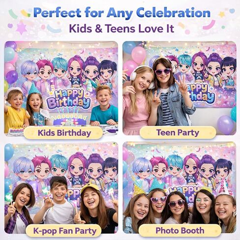 Demon Cute Hunter Birthday Party Backdrop Banner, 5.25 x 3.44 ft Vinyl Background for Kids & Teen Birthday, Cute Cartoon Idol Theme Photo Booth Decoration in Kuwait