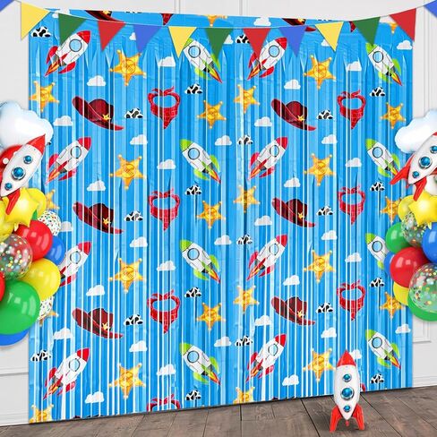 Toy Birthday Party Backdrop, 2 Pack Toy Theme Foil Fringe Curtains for Kids Birthday Decorations, Tinsel Streamers Photo Booth Background for Toy Themed Party Decor in Kuwait